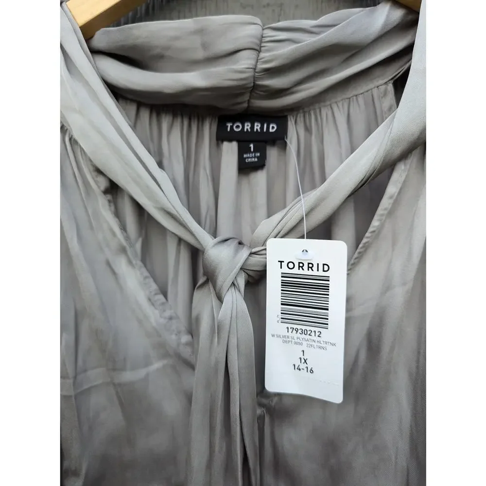 NWT Torrid Satin Silver Halter Tank Tie Front Blouse Plus Size 1X Work Office - Picture 4 of 4